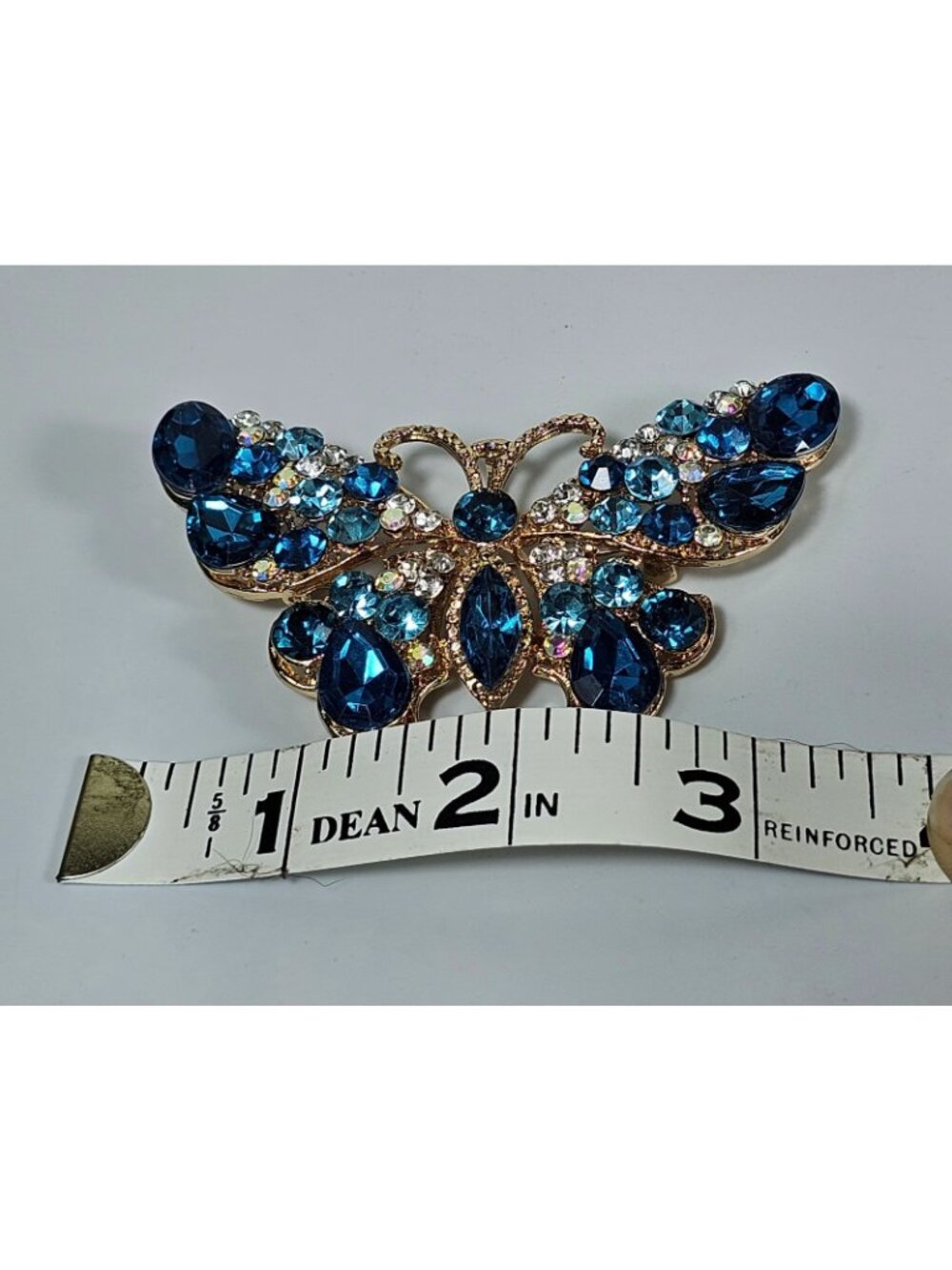 Blue Rhinestone Butterfly Brooch Pin Gold Tone Costume Jewelry VTG - Picture 5 of 5